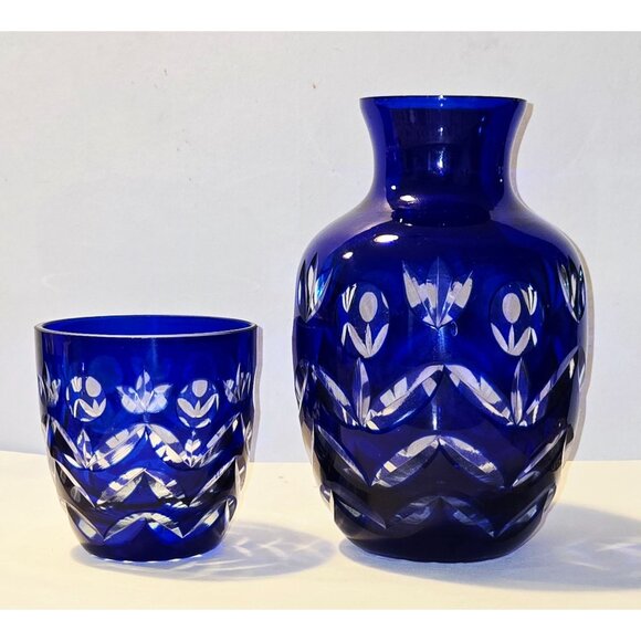 Bohemian Cobalt Blue Cut Glass Bedside Water Vase & Tumbler Set With Floral Etch - Picture 2 of 7